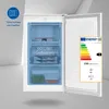 A white upright freezer with its door open, showing its interior and an energy efficiency label. Produktbild-Vorschau