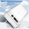 A clear phone case is shown at an angle, with text overlay describing its features. Produktbild-Vorschau