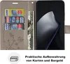 A flip cover wallet case for a smartphone, showing card and cash slots, with a smartphone inserted. Produktbild-Vorschau