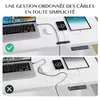 Collage comparing an organized desk setup with a disorganized one, highlighting cable management. Voir les images du produit