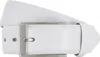 A white leather belt with a silver buckle is shown against a white background. Produktbild-Vorschau