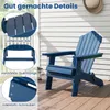A blue Adirondack chair on a wooden deck, with close-up insets highlighting its features. Produktbild-Vorschau
