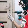 A person is installing a door handle using a drill, with various icons representing features. Produktbild-Vorschau