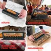 A collage of four images showing a sausage slicer in different settings: kitchen, barbecue party, food truck, and corporate event. Produktbild-Vorschau