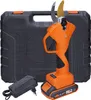An orange and black cordless garden shear with a black charger and a black carrying case. Náhľad obrázku produktu