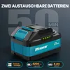 A product image of a battery pack with marketing text and icons. Produktbild-Vorschau