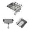 A collage of three images showing a stainless steel sink from different angles, with plumbing attached. Produktbild-Vorschau