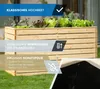 A wooden raised garden bed filled with plants, with marketing overlays describing its features. Náhled obrázku produktu