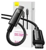 A black USB-C to USB-C charging and data cable with a digital display showing wattage, presented with its packaging. Anteprima dell’immagine prodotto