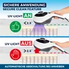 The image shows a hand-held vacuum cleaner with UV-C light being demonstrated on a mattress. The top panel shows the UV light on and the device at a safe angle, indicated by a thumbs-up icon and '<2.5°'. The bottom panel shows the UV light off and the devi Produktbild-Vorschau