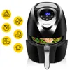 A black air fryer with food inside, surrounded by marketing icons. Podgląd zdjęcia produktu
