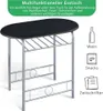 A multifunctional dining table with a shelf underneath, shown in a studio setting with illustrative icons and text describing its features. Podgląd zdjęcia produktu