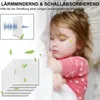 A sleeping child in bed, with graphics of sound waves and acoustic panels. Produktbild-Vorschau