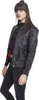 A woman is posing in a studio setting wearing a black bomber jacket. Produktbild-Vorschau