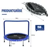 Diagrams and measurements of a mini trampoline, including its folded state and dimensions. Podgląd zdjęcia produktu