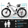 An electric mountain bike with dimensions and specifications displayed below it. The lower section shows icons representing weight, height, and load capacity, along with silhouette figures indicating recommended height. Podgląd zdjęcia produktu