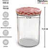 A clear, well-lit studio shot of a single glass jar with a red and white checkered lid, displaying dimensions and product features. Voir les images du produit