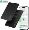 A black card-shaped tracker and a smartphone displaying a map with a location marker. Produktbild-Vorschau