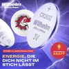 Three coin cell batteries are shown against a purple background with lightning effects. One battery is in the foreground, and two are in the midground. Text and graphics highlight the product's features. Produktbild-Vorschau
