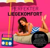 A woman is lying on a large beige beanbag, looking at her phone. A retro-style radio is next to her. A yellow and white umbrella is partially visible at the top. Produktbild-Vorschau