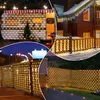 Collage of images showing outdoor string lights decorating a caravan, a house, and fences at night. Náhled obrázku produktu