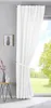 A white curtain is tied back with a fabric band, revealing a view of a green lawn and trees through a window. Produktbild-Vorschau