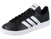 A studio shot of a single black Adidas sneaker with white stripes. Podgląd zdjęcia produktu