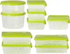 A collection of clear plastic food storage containers with bright green lids, arranged in a visually appealing display. Náhled obrázku produktu