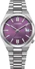 A close-up studio shot of a men's wristwatch with a purple dial and silver metal band. Produktbild-Vorschau