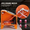 A sandblasting cabinet and accessories are displayed, with text highlighting features. Anteprima dell’immagine prodotto