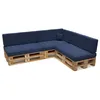 A sectional sofa made of wooden pallets with dark blue cushions, shown against a white background. Produktbild-Vorschau