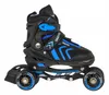 A pair of black and blue roller skates with four wheels, shown from the side against a white background. Voir les images du produit