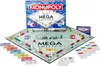 A Monopoly Mega Edition board game is laid out on a white background, with the box open and game components spread across the board. Produktbild-Vorschau