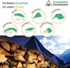A collage of illustrations showing different uses of a tarpaulin, overlaid on a photograph of a pile of firewood covered by a blue tarpaulin. Produktbild-Vorschau