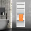 A modern bathroom with a white towel radiator holding two orange towels, a white bathtub, and a black faucet. Produktbild-Vorschau