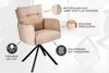 A beige armchair with black legs, presented with feature callouts. Produktbild-Vorschau