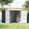 An open garden shed with tools inside, set in a backyard with grass and a wooden fence. Náhled obrázku produktu