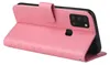 A pink flip cover case for a Samsung Galaxy A21s phone, shown from a side angle with the cover open. Produktbild-Vorschau