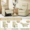 A living room scene with two beige recliners, one with its footrest extended. The bottom of the image shows three smaller images of the recliner in different positions with German text labels. Produktbild-Vorschau
