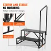 A black two-step RV stair with a handrail, shown with close-up insets highlighting its reinforcement designs. Voir les images du produit