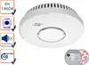 A white smoke and carbon monoxide detector with informational icons on the left and accessories at the bottom right. Produktbild-Vorschau