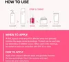 An instructional diagram showing the steps for using a skincare product, including cleanser, toner, serum, moisturizer, and sunscreen. Anteprima dell’immagine prodotto