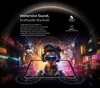 A person wearing headphones and VR goggles is depicted against a futuristic city background, with sound waves emanating from a tablet. Produktbild-Vorschau