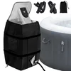 A product shot showing an inflatable hot tub cover and accessories, including straps and a storage bag, next to a portion of an inflatable hot tub. Produktbild-Vorschau
