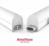 Close-up view of the connection ends of two white LED light tubes, with text indicating 'Anschluss connection'. Produktbild-Vorschau