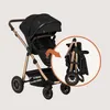 A black and gold stroller is shown, with a circular inset demonstrating how it folds. Produktbild-Vorschau