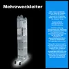 A multi-purpose ladder is shown in a folded state against a black background, with a blue panel on the right containing product information. Podgląd zdjęcia produktu