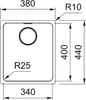 A technical drawing of a sink with dimensions and radii indicated. Náhled obrázku produktu