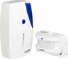 A white wireless motion detector and a white alarm unit with blue accents are shown against a white background. Podgląd zdjęcia produktu
