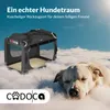 A dog carrier is shown in the clouds with a dog sleeping nearby. Produktbild-Vorschau